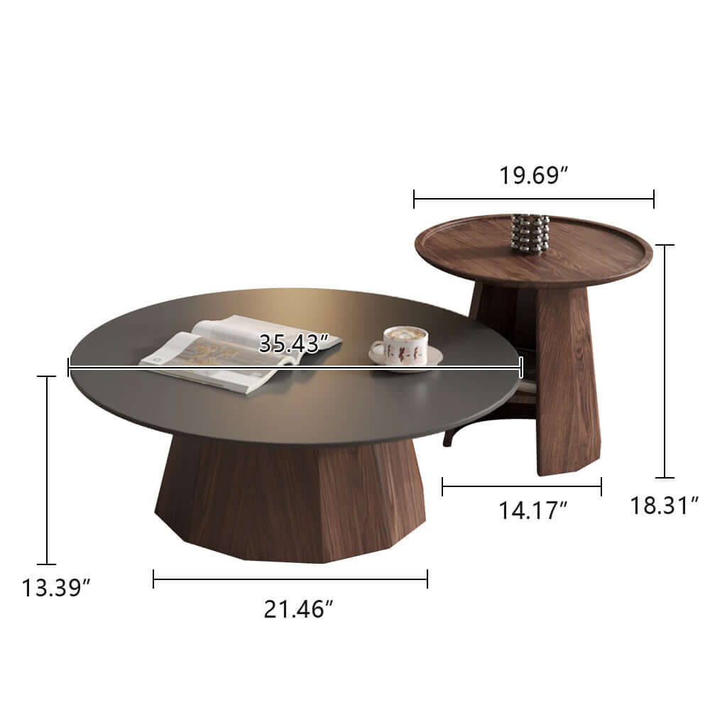 Round high-low coffee table made of solid wood and slate with built-in storage space