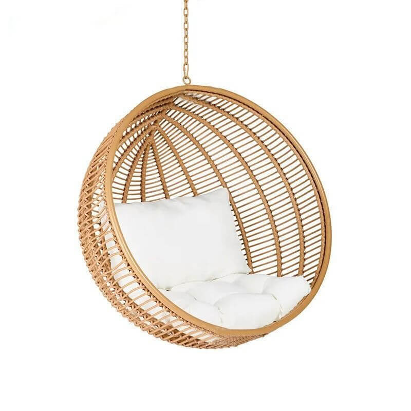 Climate-resistant metal porch swing with cushions, chain, and stand in unfinished color