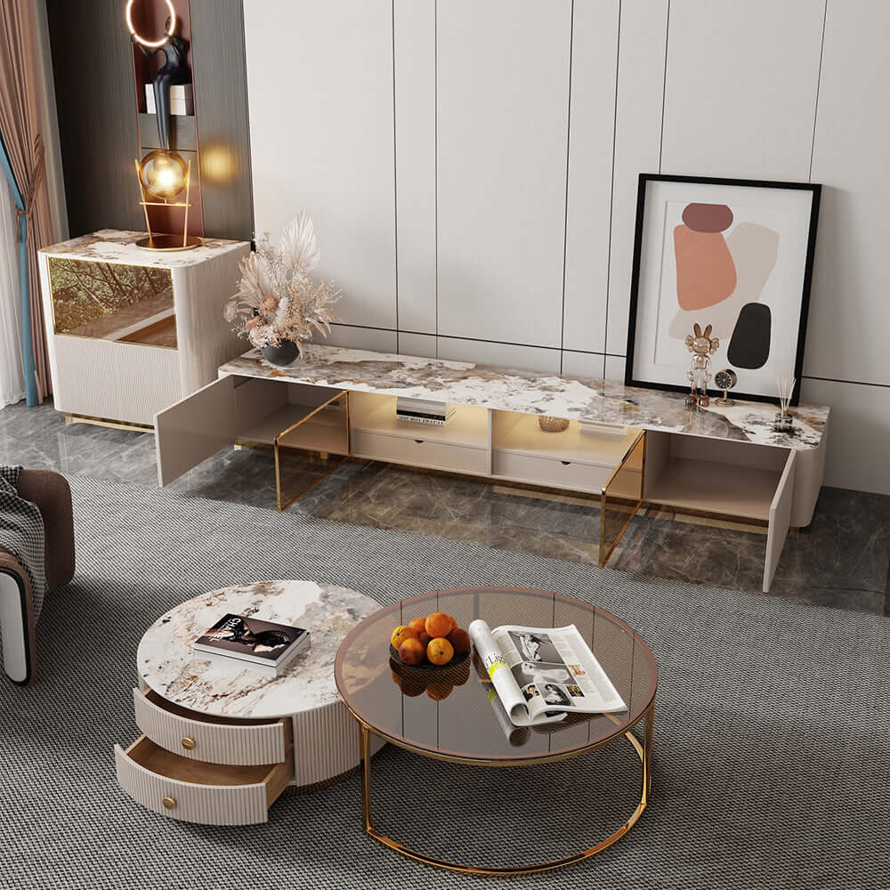 Modern round coffee table set with sintered stone top, 2 drawers, and metal legs