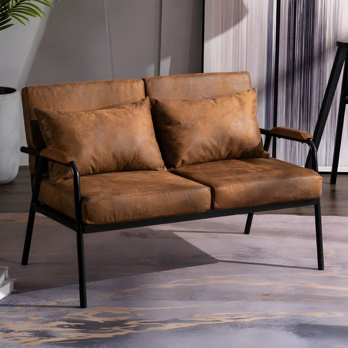 Mid century modern 2-seater sofa with black metal frame and solid wood arms