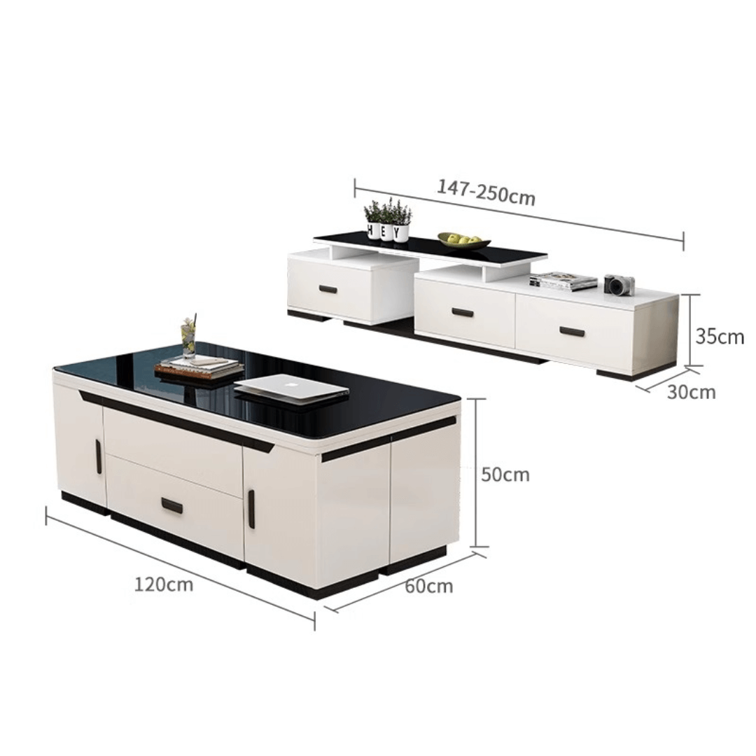 White lift-top coffee table with storage and stools, perfect for compact living spaces