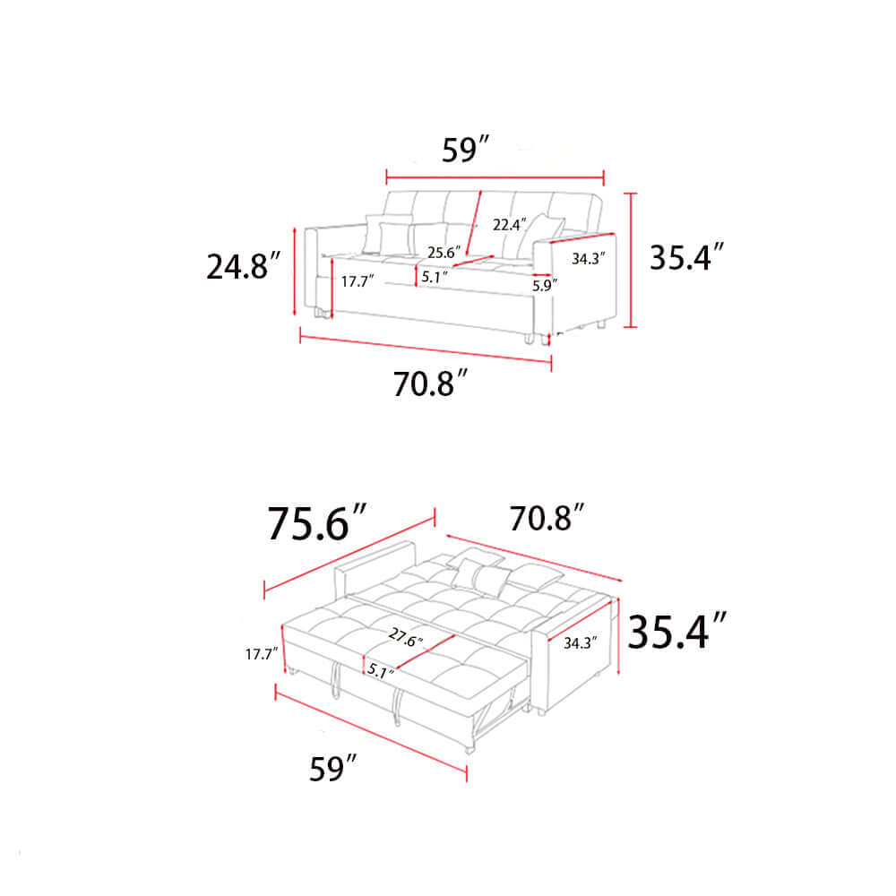 Beige linen convertible sleeper sofa chair bed measuring 70.8 inches, perfect for small spaces
