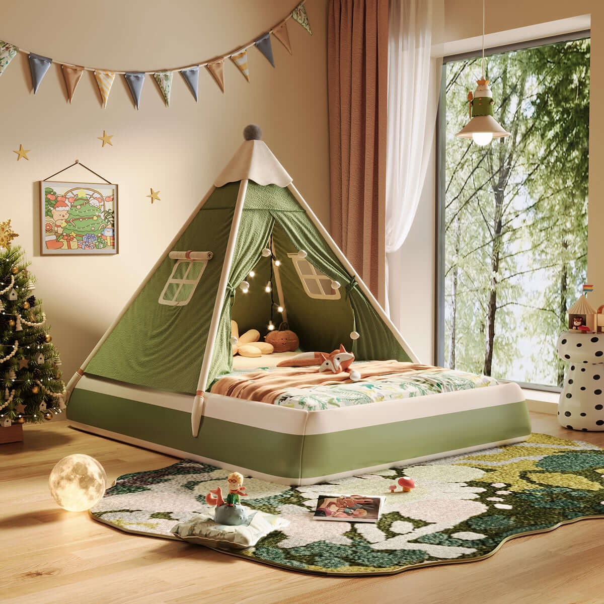 Christmas-themed upholstered kids tent bed providing a safe and festive play and rest space