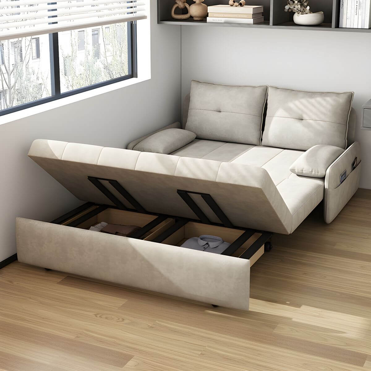 White polyester blend sleeper sofa with metal frame and casters, modern futon for versatile seating
