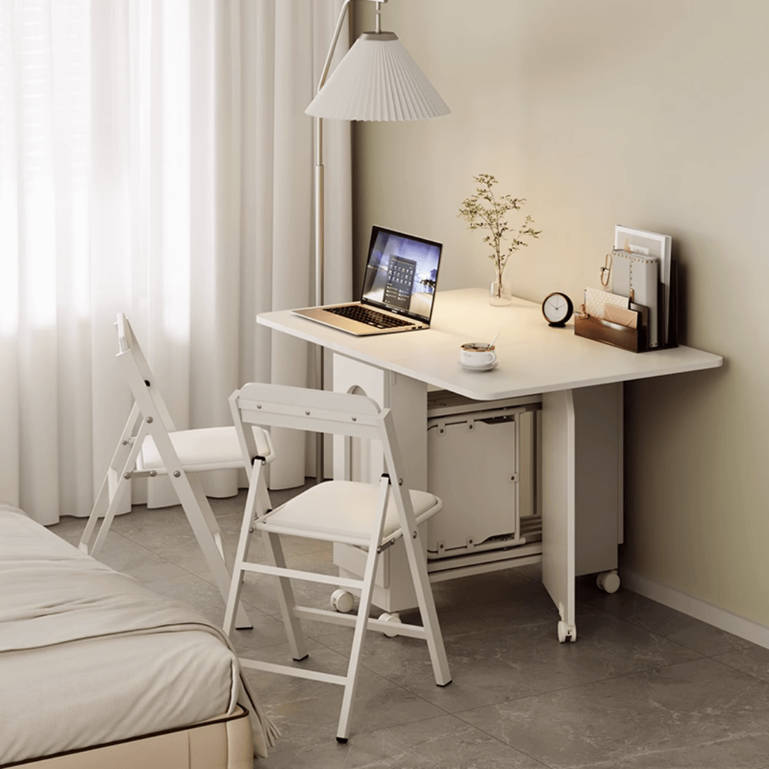 Cream foldable dining table with wheels, minimalist design, easy to assemble