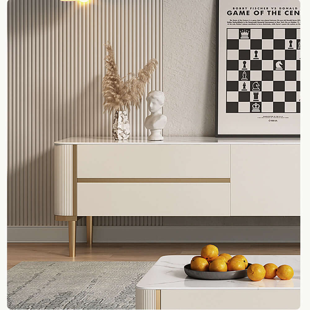 Rectangle TV stand with elegant marbling slate top for a luxury living room setup