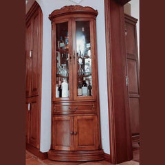 78" Tall Antique Corner Bar Cabinet, Birch Wood, Brown