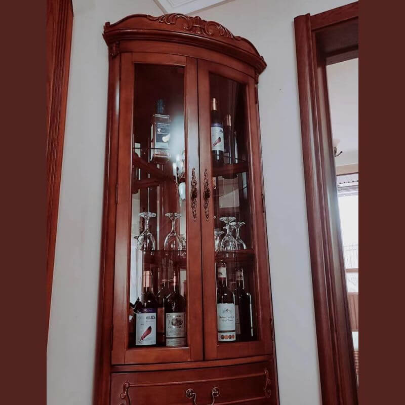 78" Tall Antique Corner Bar Cabinet, Birch Wood, Brown