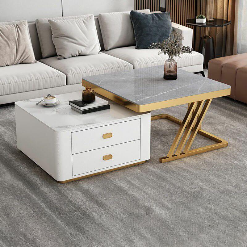 Modern square steel frame nesting coffee tables set with two pieces, including a small table