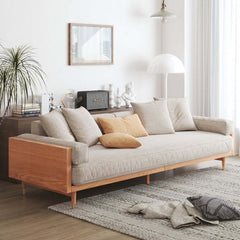 Canapé moderne beige 3 places en tissu de lin rembourré avec cadre en bois massif pour le salon