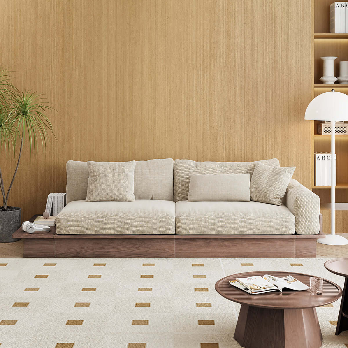 Modern pull-out floor sofa bed with reversible armrests and lift-top storage for space-saving comfort