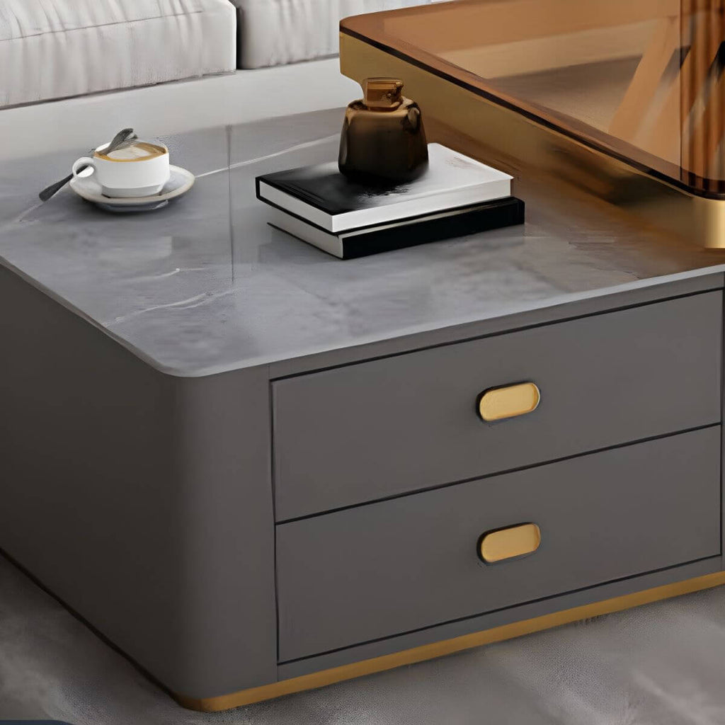 Modern square steel frame nesting coffee tables set with two pieces, including a small table