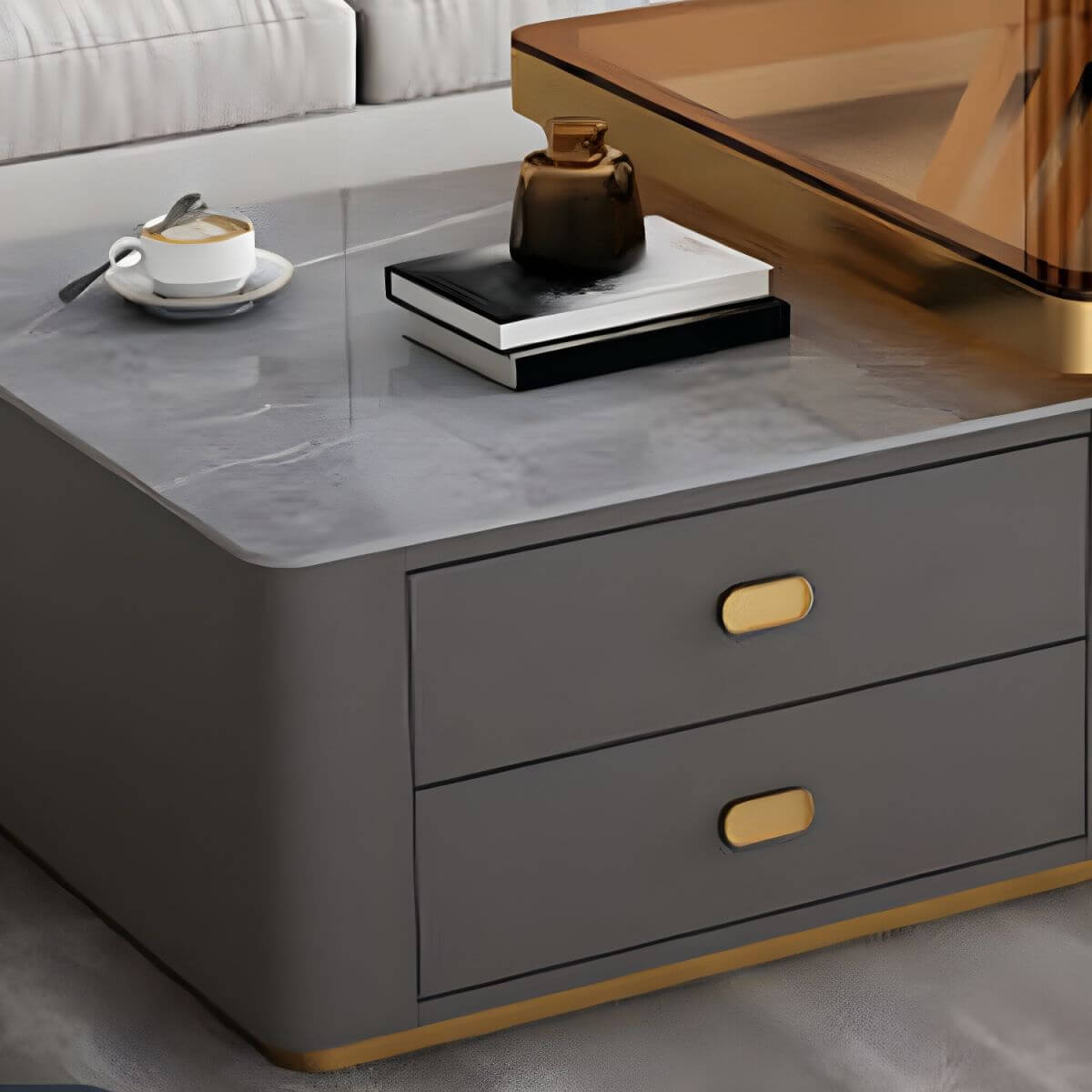 Modern square steel frame nesting coffee tables set with two pieces, including a small table