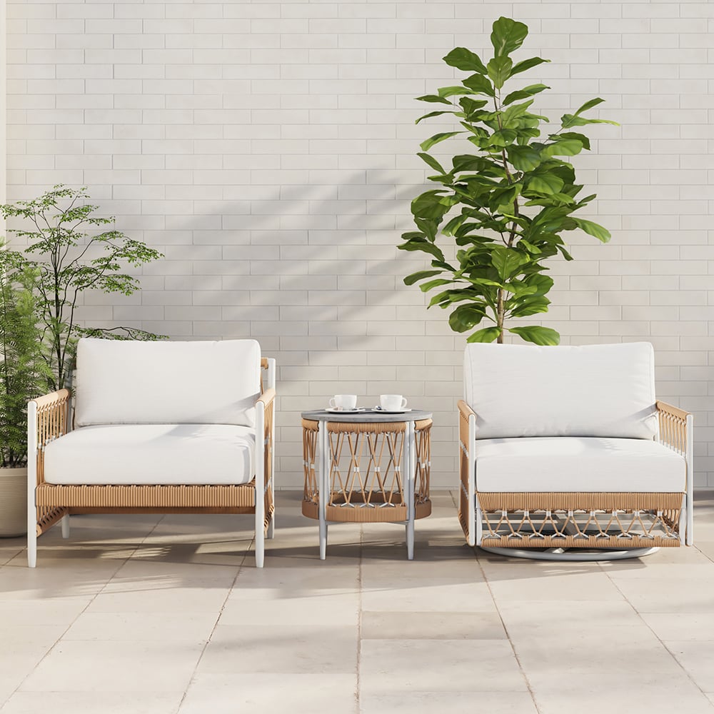 Outdoor 3-piece swivel sofa set with aluminum frame, weave rope, and side table in khaki