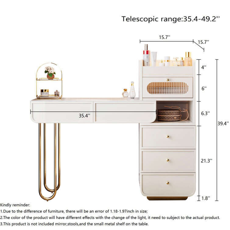 White makeup vanity with jewelry storage and multiple drawers for elegant organization