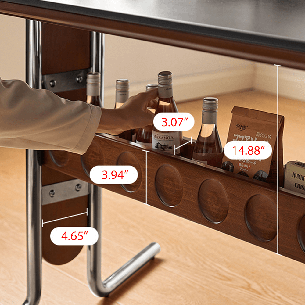 Square vintage dining and desk combo table with slate top, storage, and stainless steel legs