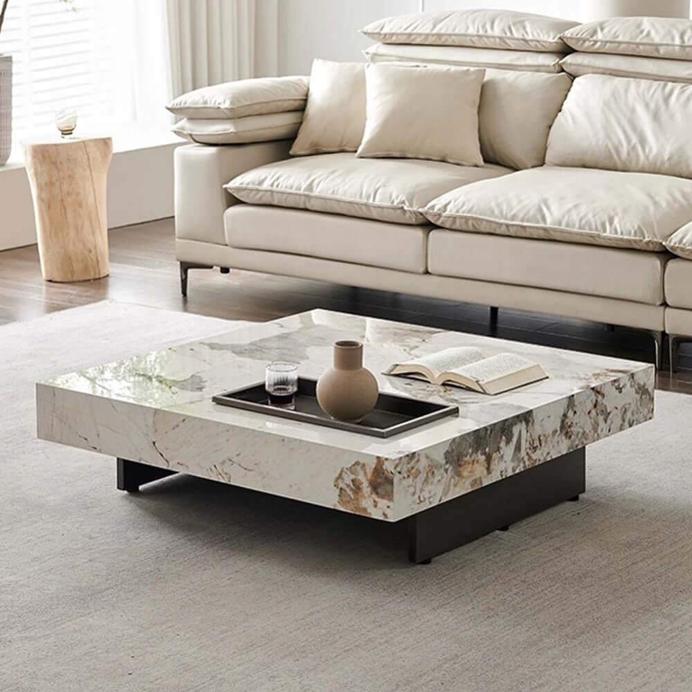 Square coffee table with luxury marbled top and sturdy metal legs