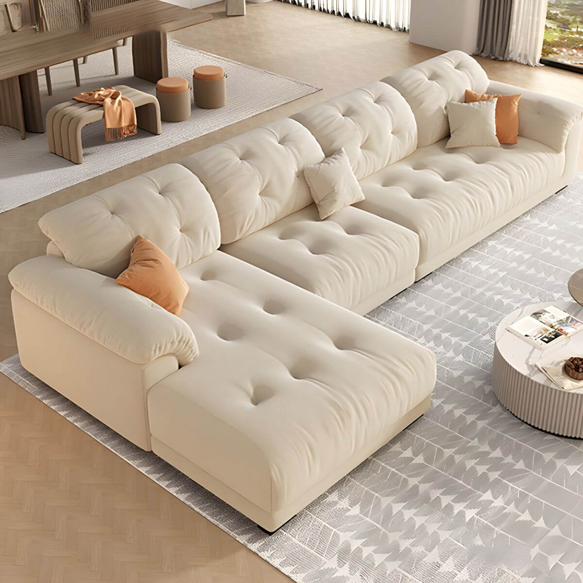 Beige polyester blend sofa with tufted back and pillow top arms, modern and comfortable seating