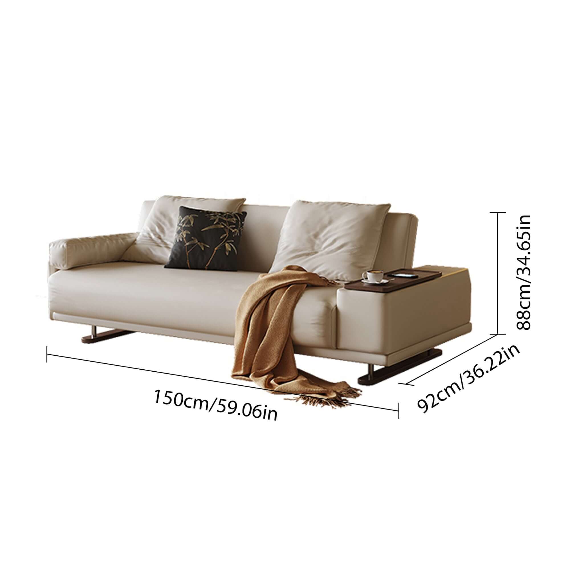 Modern minimalist folding sofa bed with reversible armrests and adjustable side table for versatile living spaces