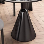 Oval marble dining table set with dual footing, solid back panel, and cushioned chairs