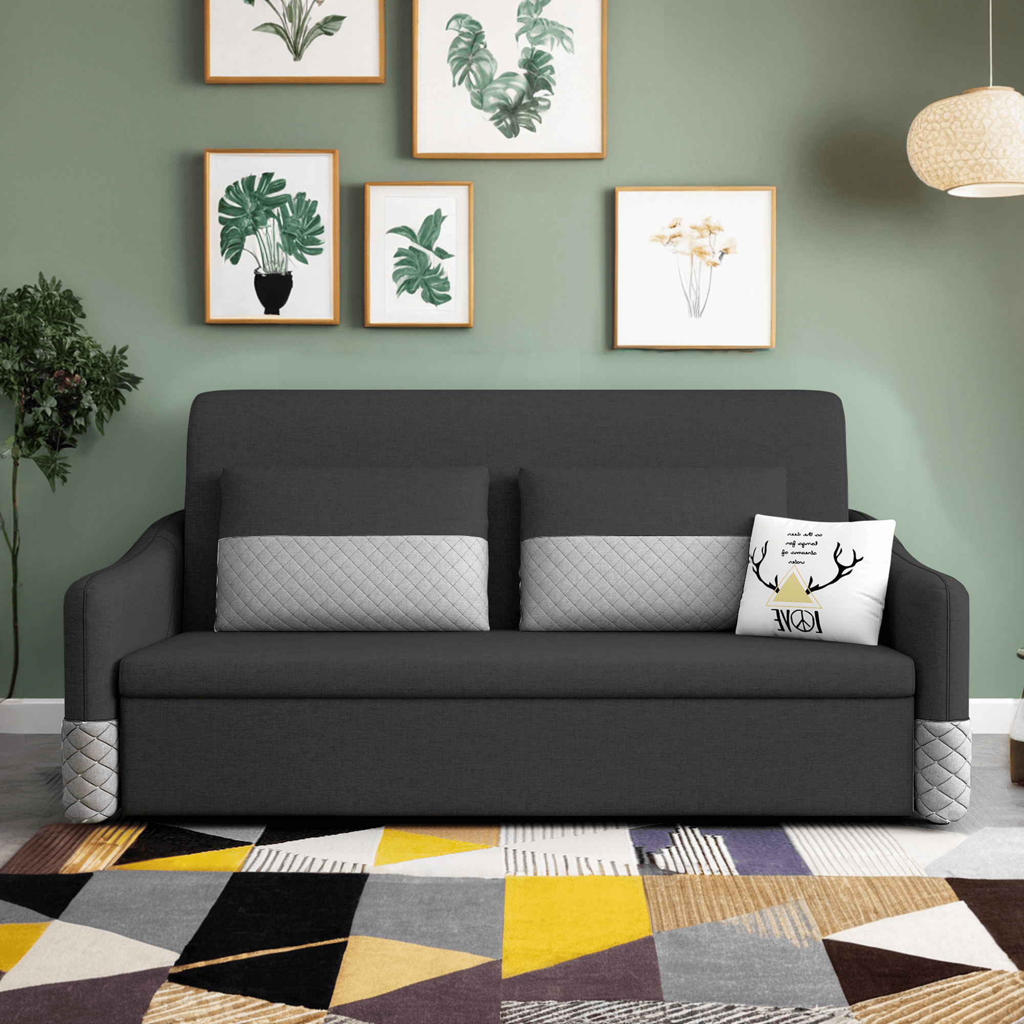 Grey 3-in-1 pull out couch bed with cotton linen upholstery and storage chaise