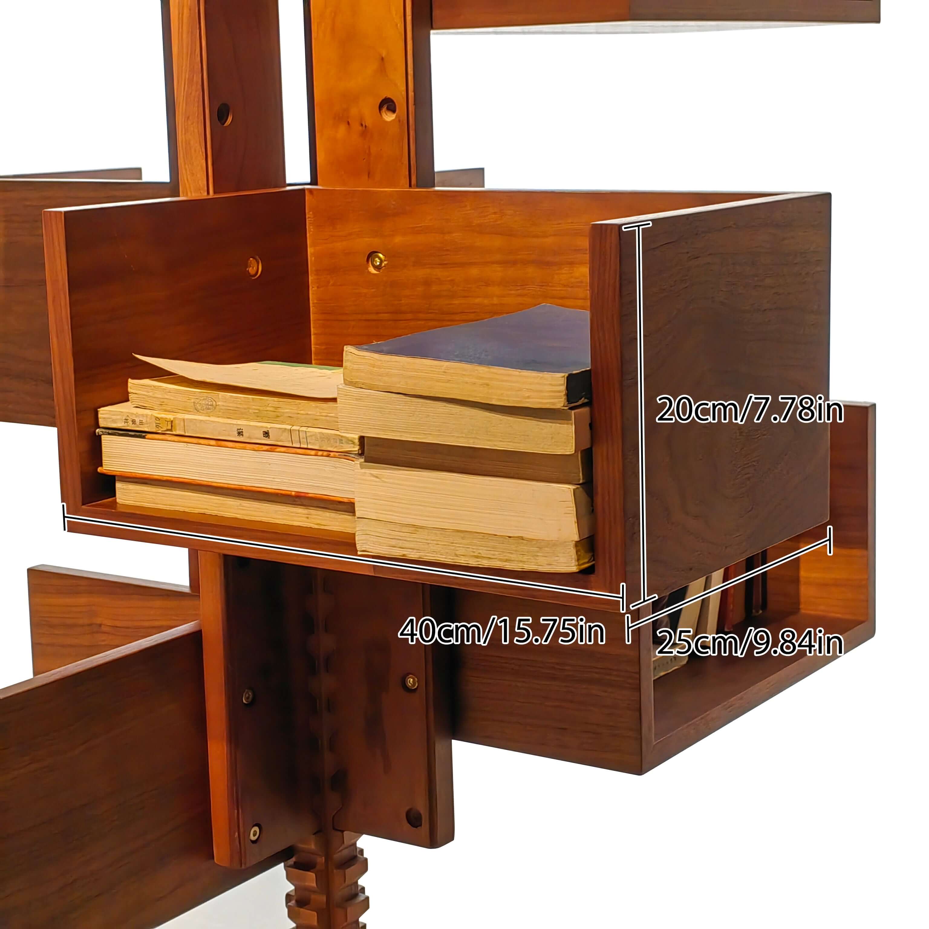 360-degree rotating walnut wood bookshelf extending from floor to ceiling for stylish storage