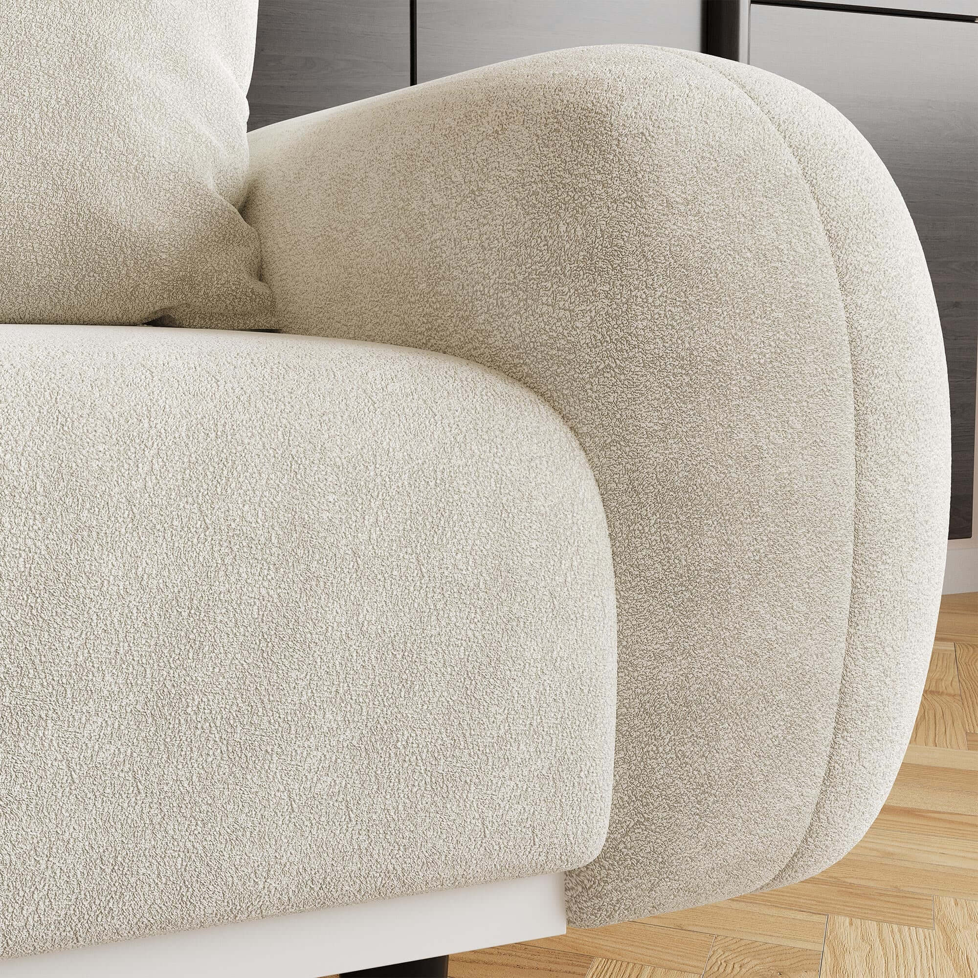 Modern 84-inch upholstered sofa with cozy Sherpa fabric, perfect for stylish living rooms