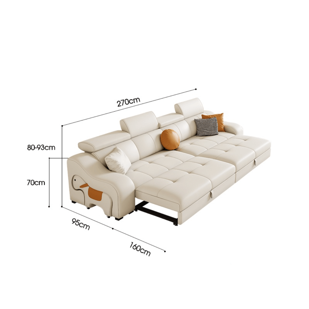 Space-saving sofa bed with a cute pony stool, perfect transformable furniture for small spaces