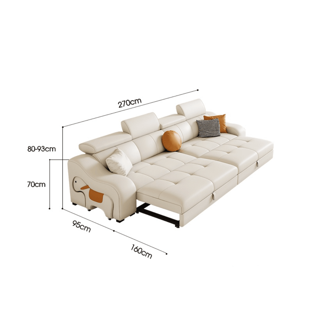 Space-saving sofa bed with a cute pony stool, perfect transformable furniture for small spaces