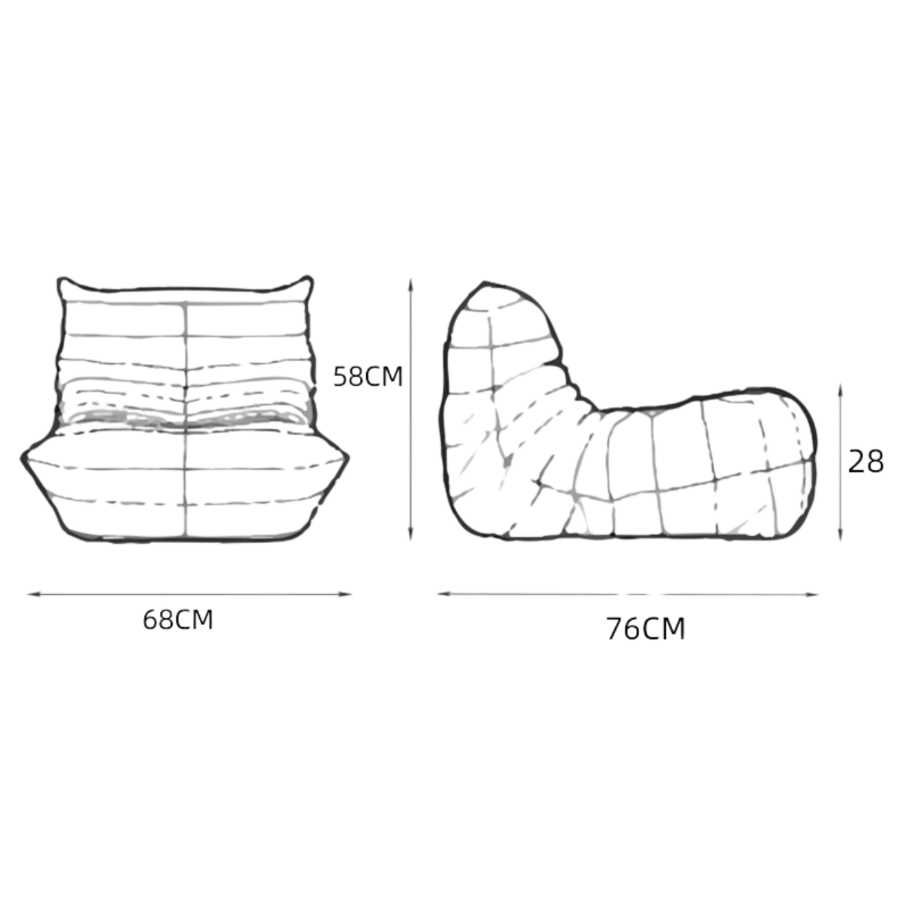 Kids' suede furry caterpillar lounge chair and single Togo sofa available in multiple colors