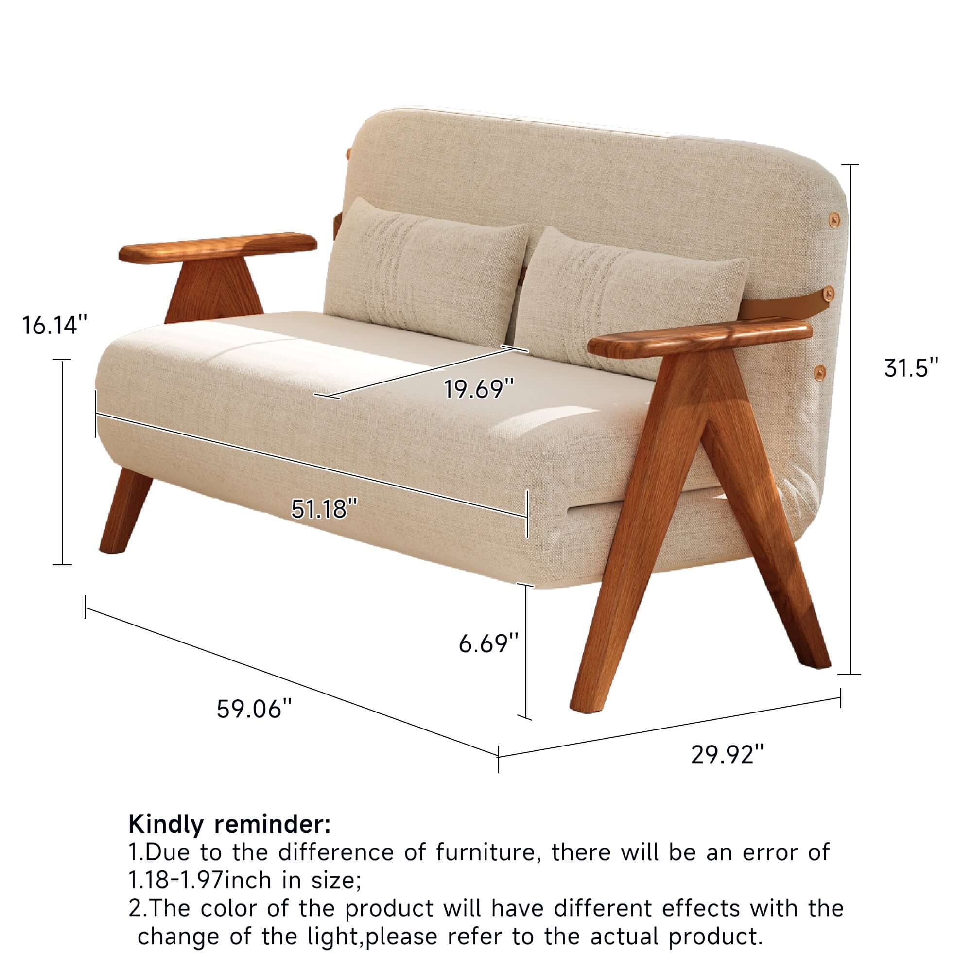 Foldable reclining sofa with armrest in cotton linen fabric for comfortable seating