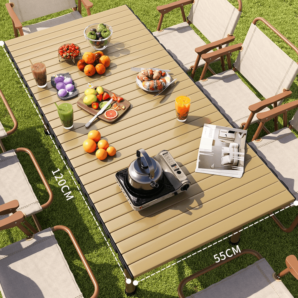Foldable outdoor dining set with chairs and table, ideal for camping and backyard BBQs