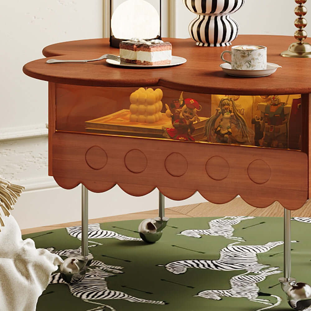 Movable retro coffee table with solid wood and adjustable petal design for living room