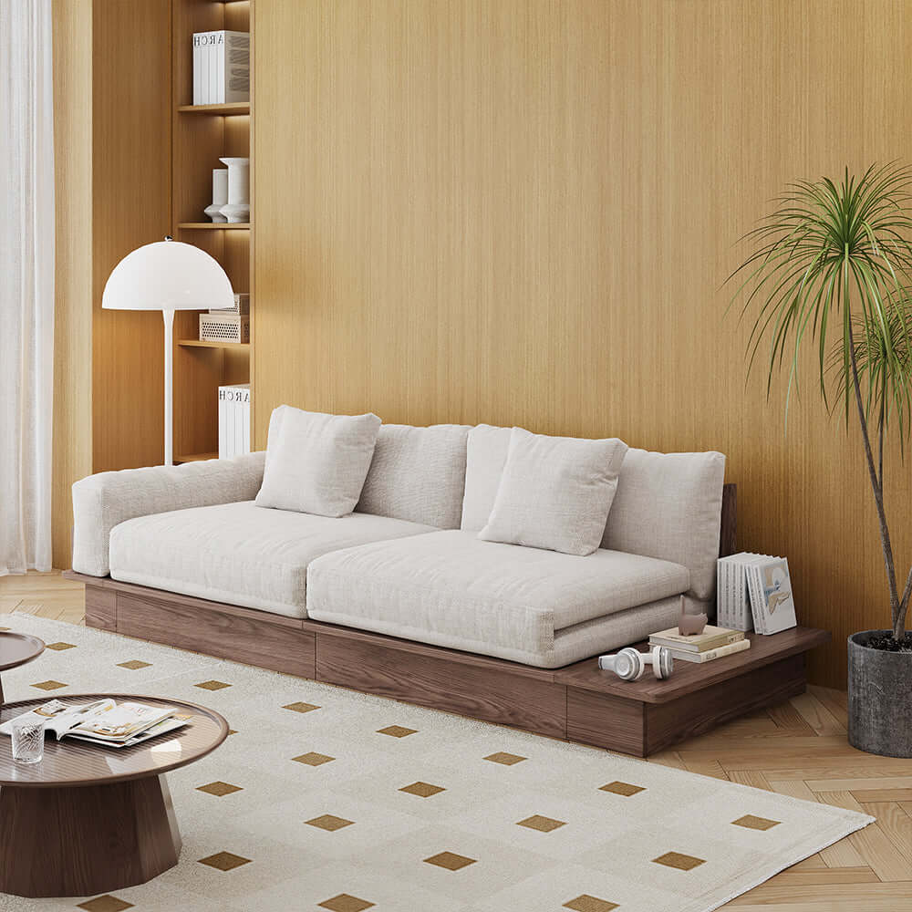 Cocochairs Floor Platform Wood Frame Sofa Bed – Reversible Armrests, Corduroy or Linen-Blend Upholstery