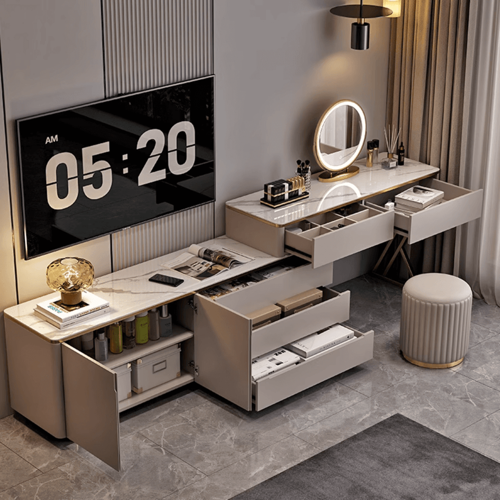 Modern minimalist makeup vanity with storage cabinet, perfect for stylish and elegant spaces