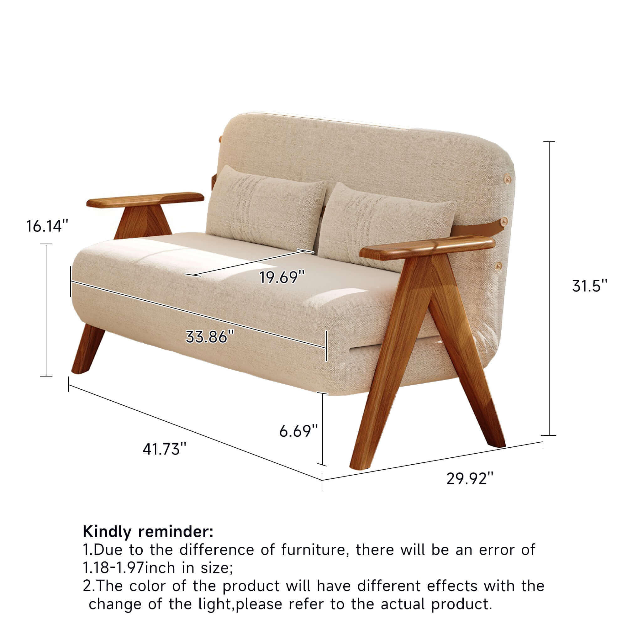 Foldable reclining sofa with armrest in cotton linen fabric for comfortable seating