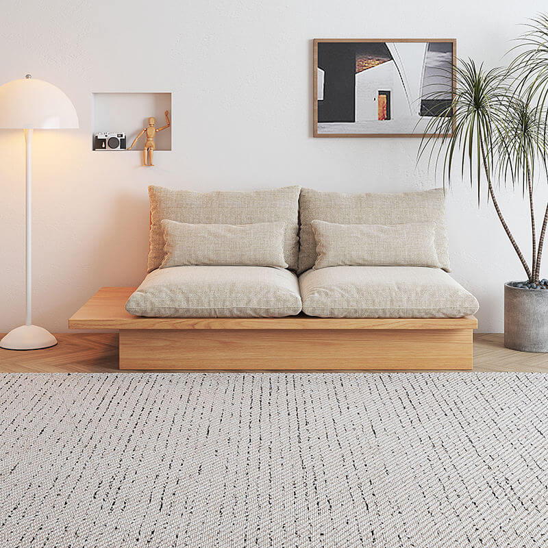 Beige cotton linen sofa with wooden frame and storage space underneath