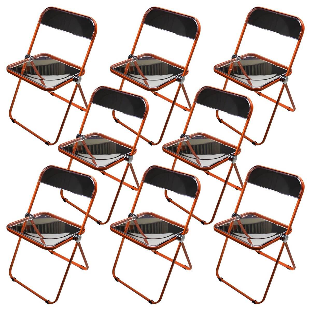 Contemporary acrylic folding armless chair with open back, ideal for dining rooms