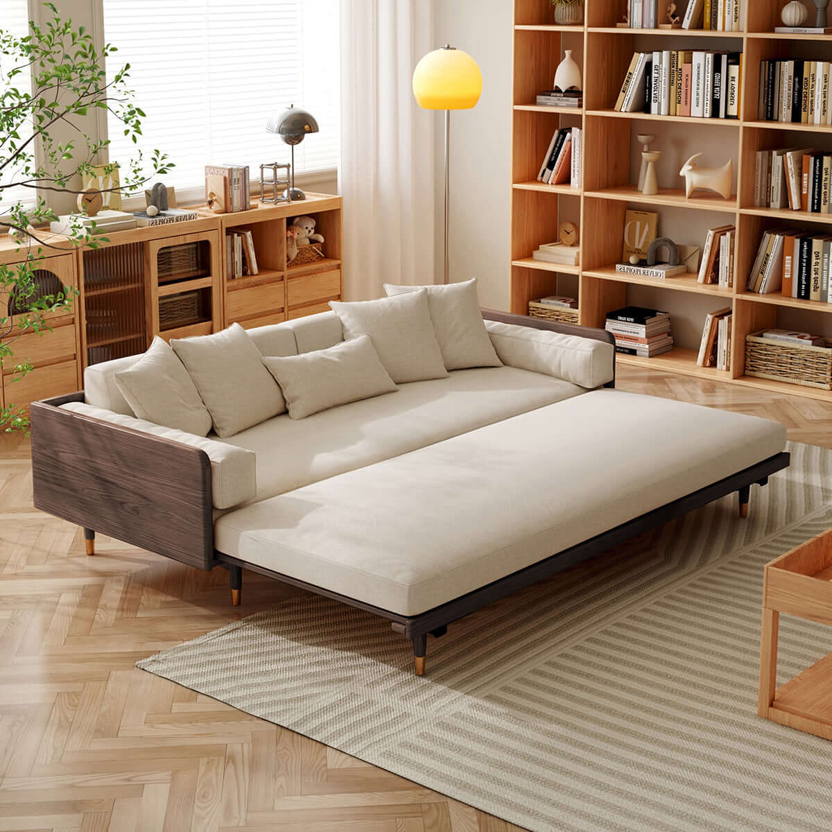 Modern 3 seater sofa bed with wooden frame and pull-out convertible design