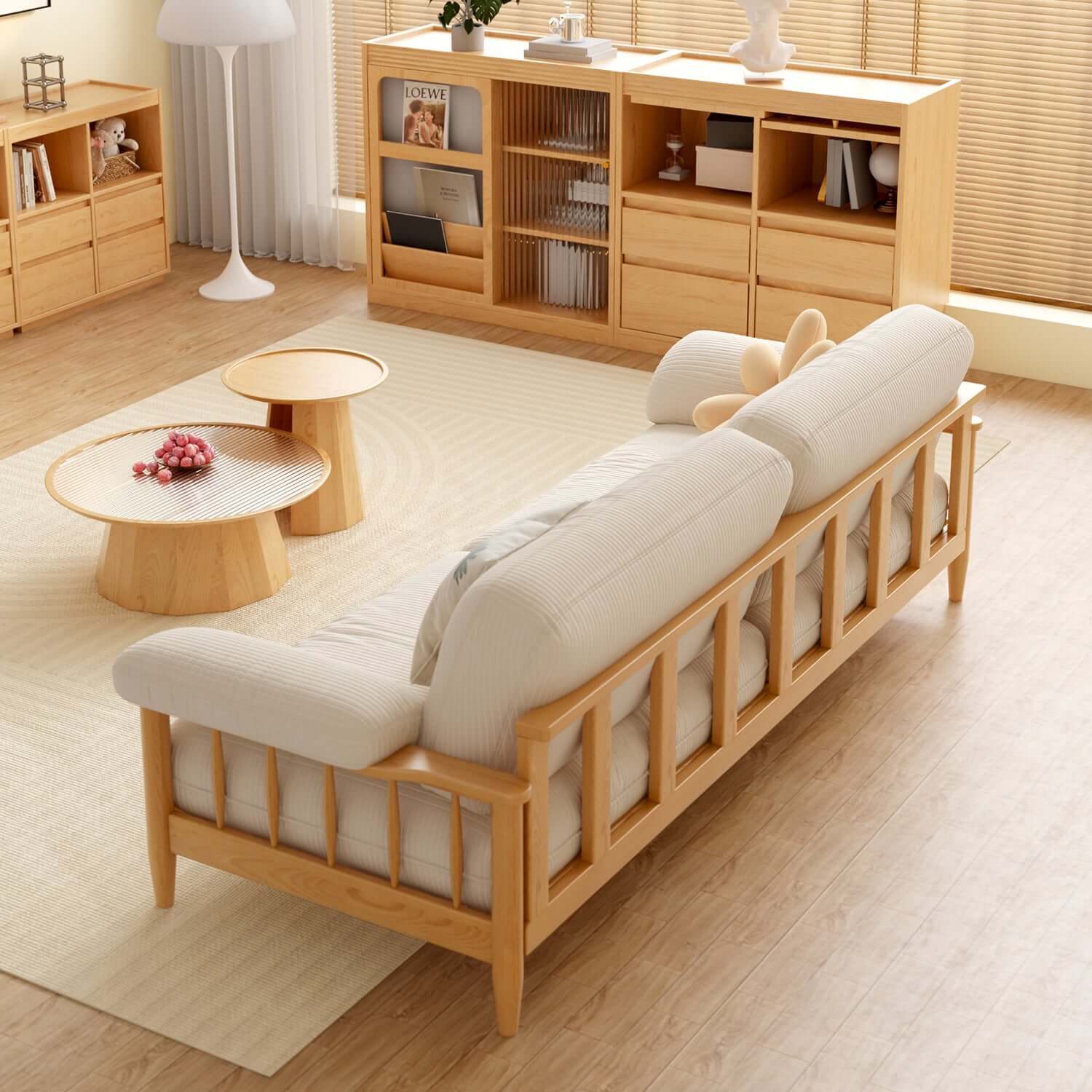 Japandi style solid ash wood sofa upholstered in cotton linen, corduroy, and cat-scratch fabric