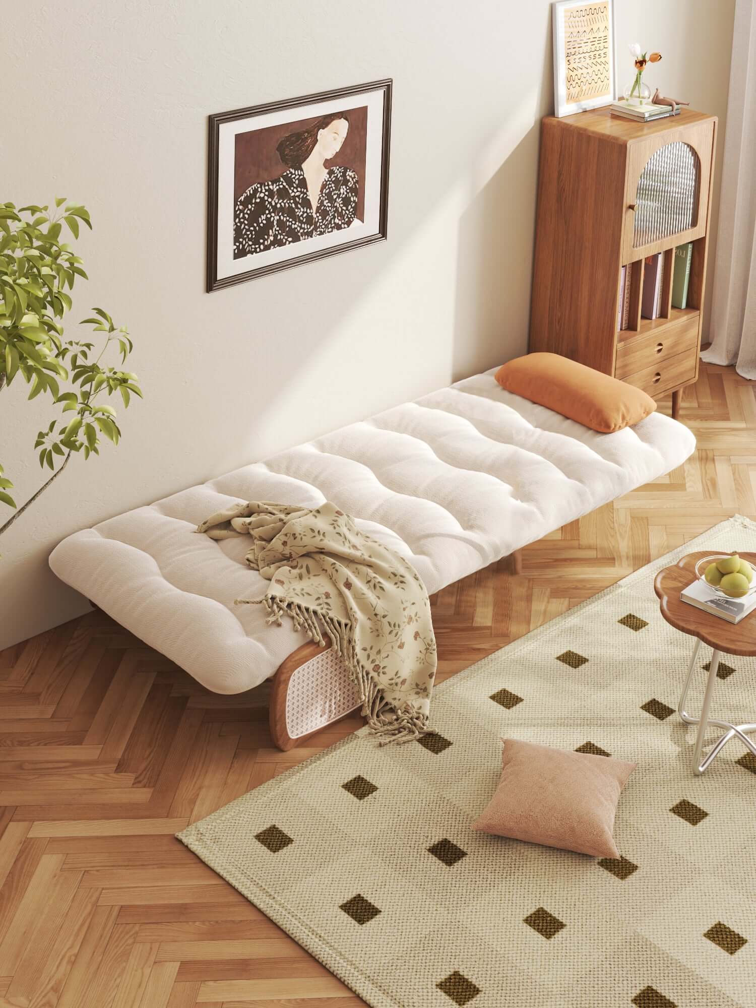 Beige 3-in-1 folding sofa bed with cotton and linen upholstery, convertible for versatile use