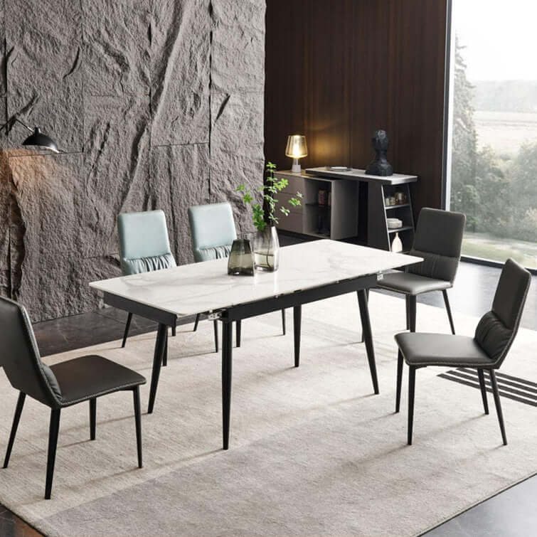 Extendable rectangle dining table with sintered stone marble tabletop for 4 to 8 people