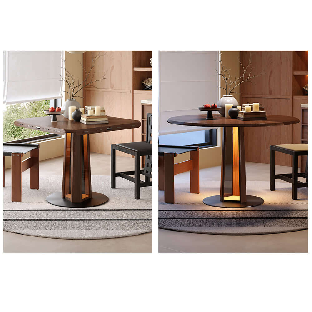 Extendable Nordic style solid wood dining table with foldable square and round design, featuring LED light