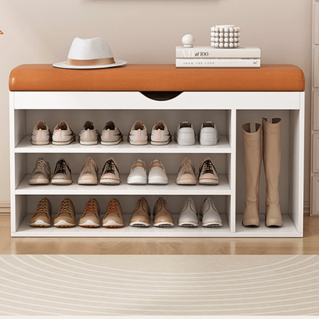 Modern white and orange shoe bench with upholstered seat and space-saving storage