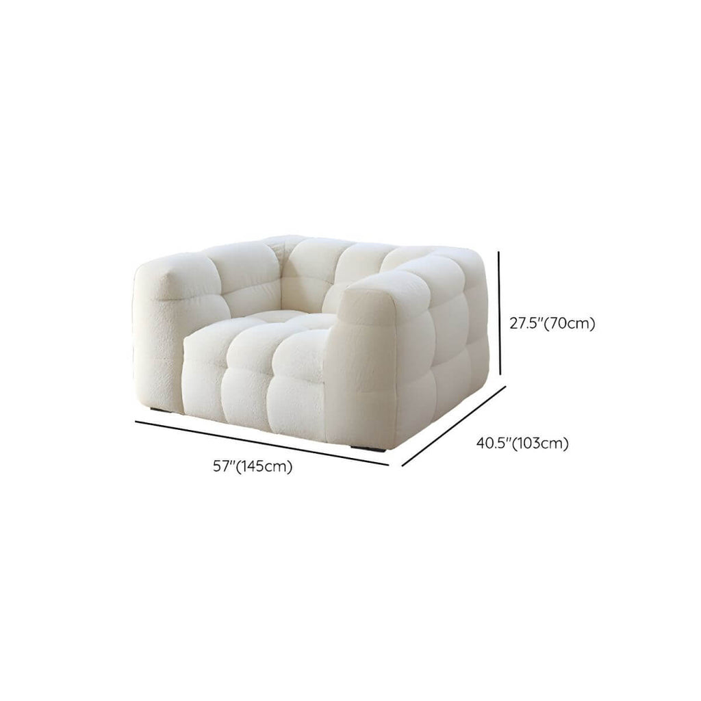White fabric tuxedo arm sofa with biscuit back, 27.55 inches tall