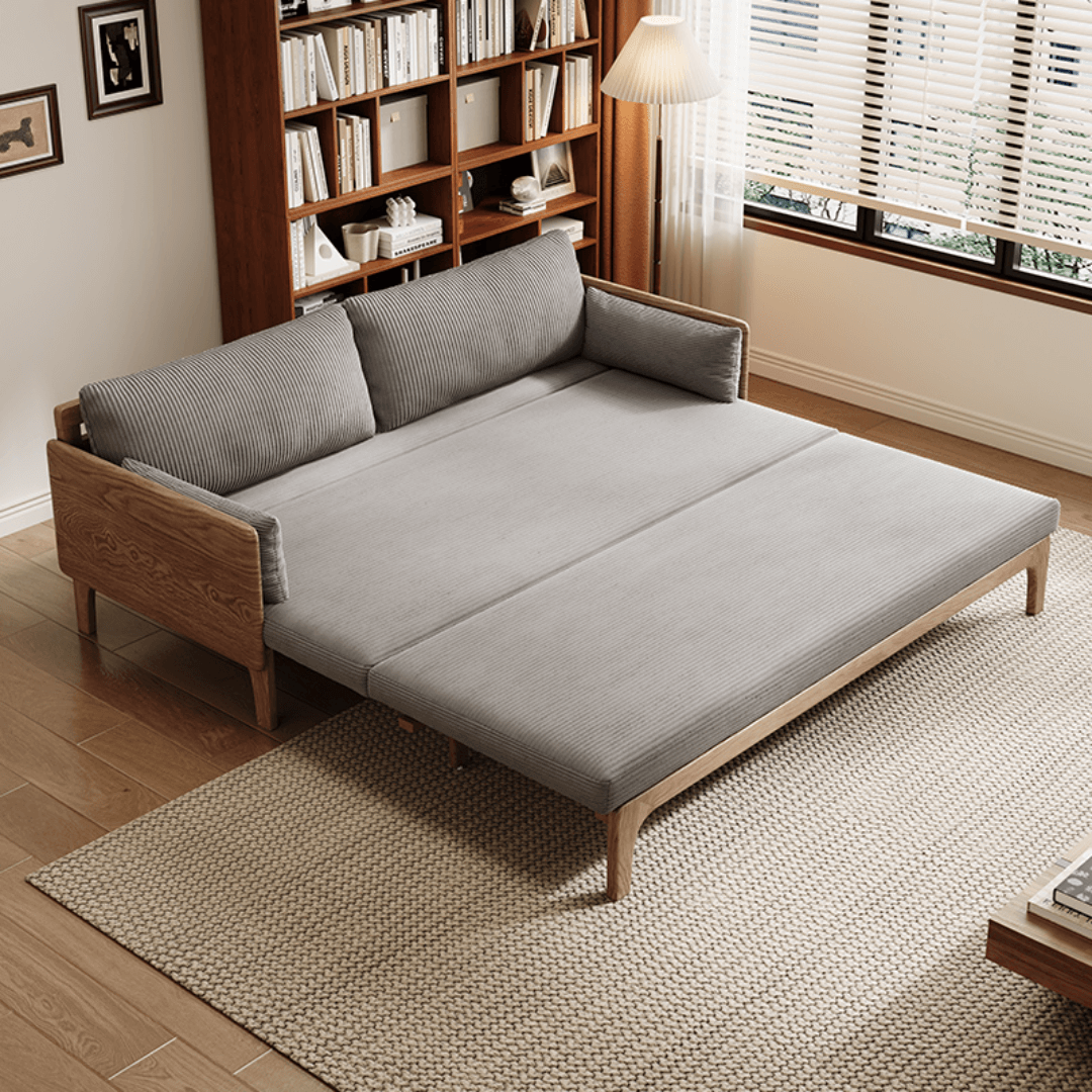Sofá Cama de Pana Gris Elegante con Marco de Madera de Fresno Duradero – Diseño Plegable Versátil para Espacios Pequeños Imagen secundaria del producto