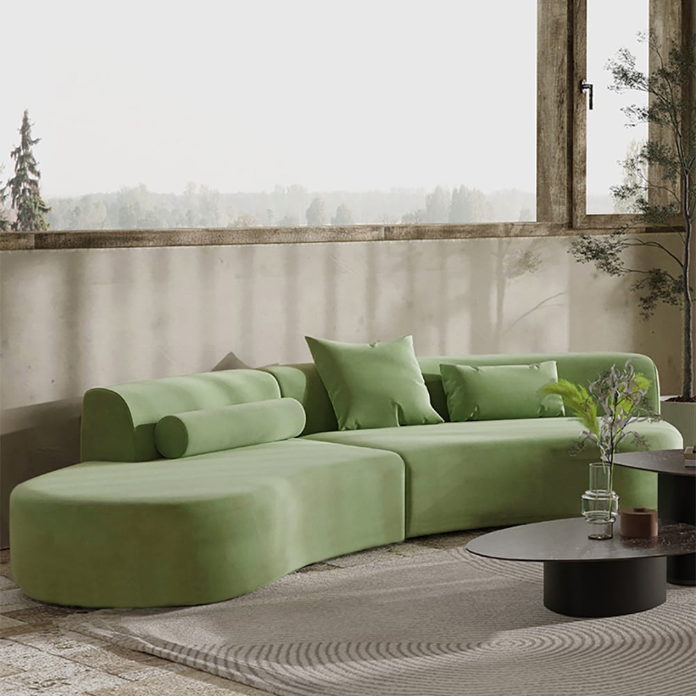 Modern green curved velvet sectional sofa with pillows, 4-seater upholstered couch, 109 inches long main product image メイン画像