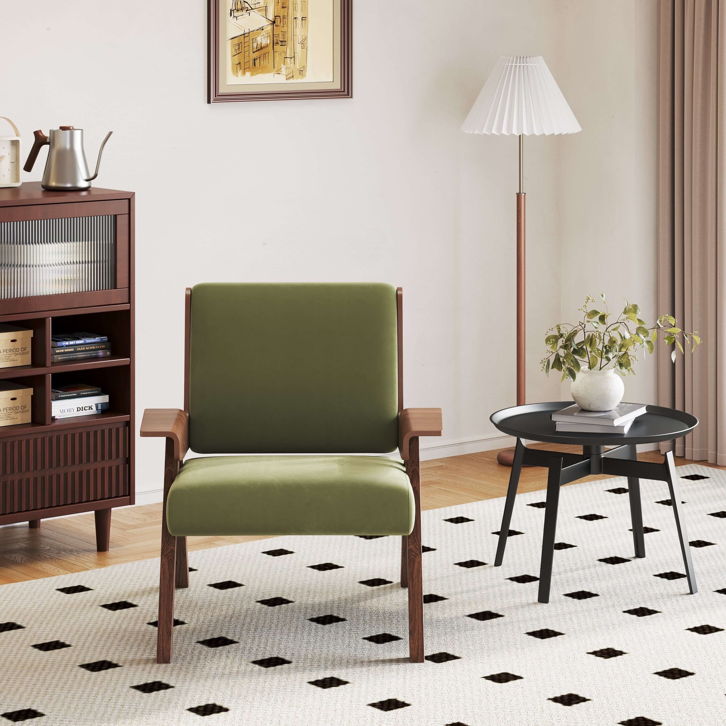 White modern accent armchair sofa with black stripes, stylish and comfortable seating