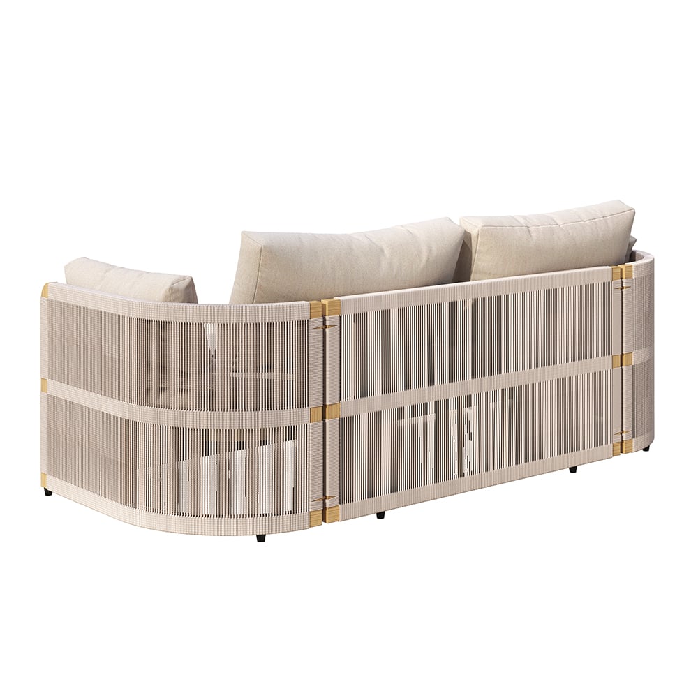 Modern outdoor swivel sofa set with aluminum frame and rope accents, includes coffee table in khaki