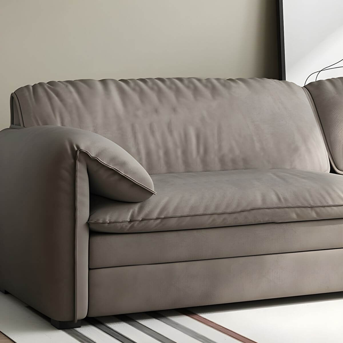 Gray Scandinavian sofa bed with fabric upholstery and coir faux leather sleeper, 69 inches long